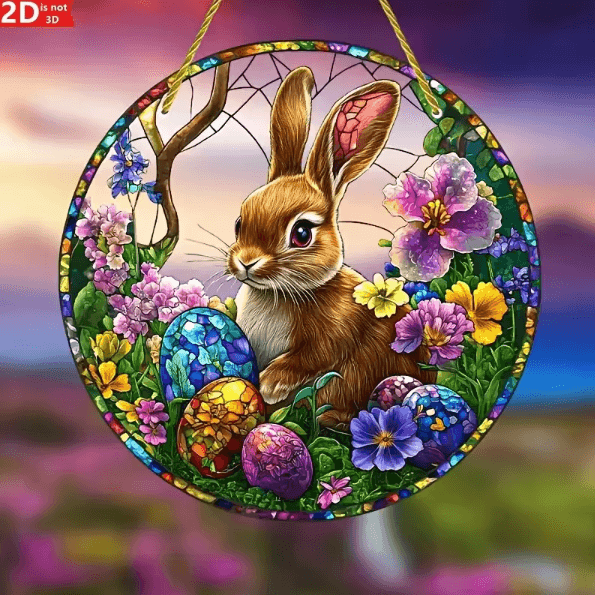 Acrylic Easter Bunny Window Hanging – 2D Suncatcher Decor with Eggs & Flowers for Spring Home & Garden