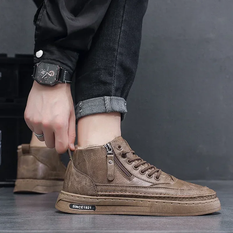 Mens Winter Warm Cotton Snow Boots, Retro Plush Anti-Slip Outdoor Sports Shoes for Comfortable Fashionable Cold Weather