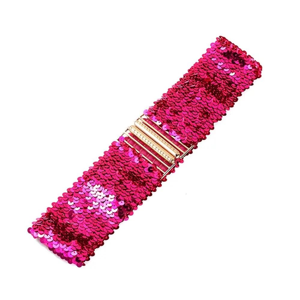 GlamCurve Wide Sequin Elastic Waist Belt with Gold Buckle