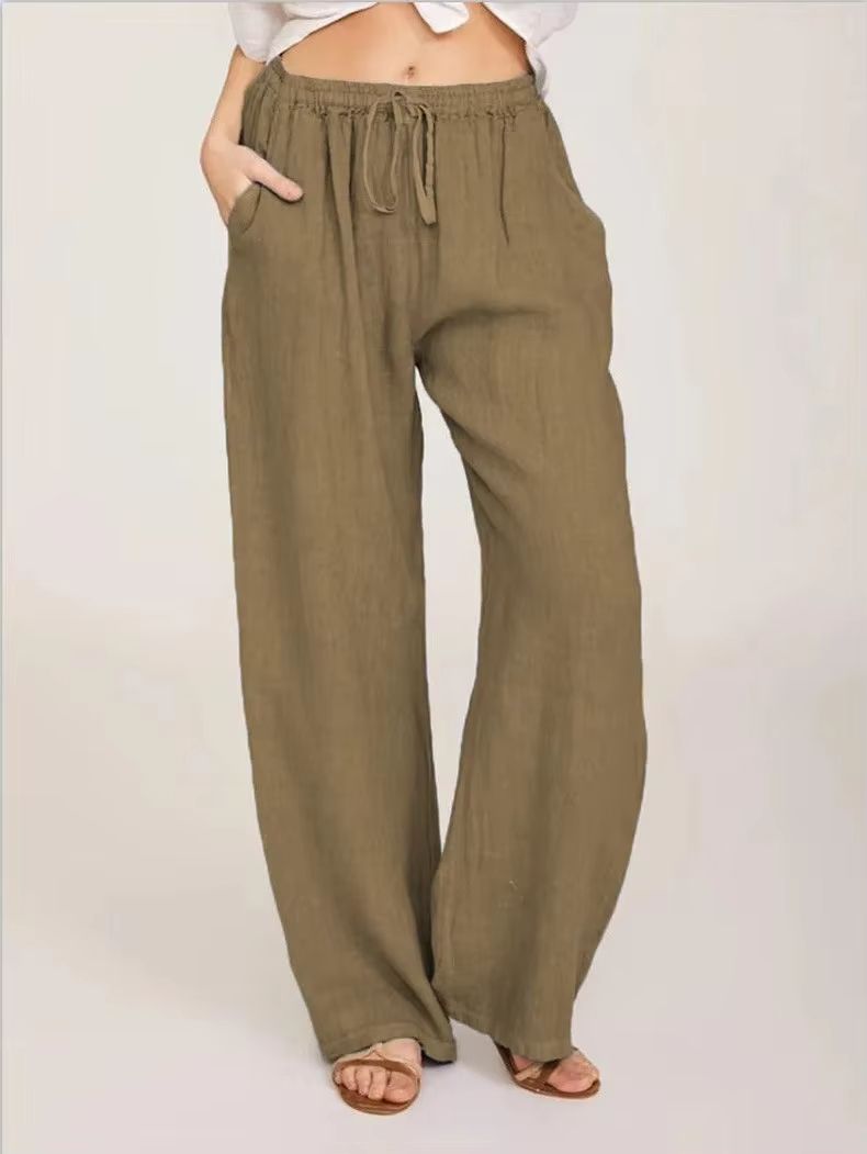 Womens Cotton Linen Wide Leg Pants – Casual Loose Trousers with Elastic Waist & Pockets