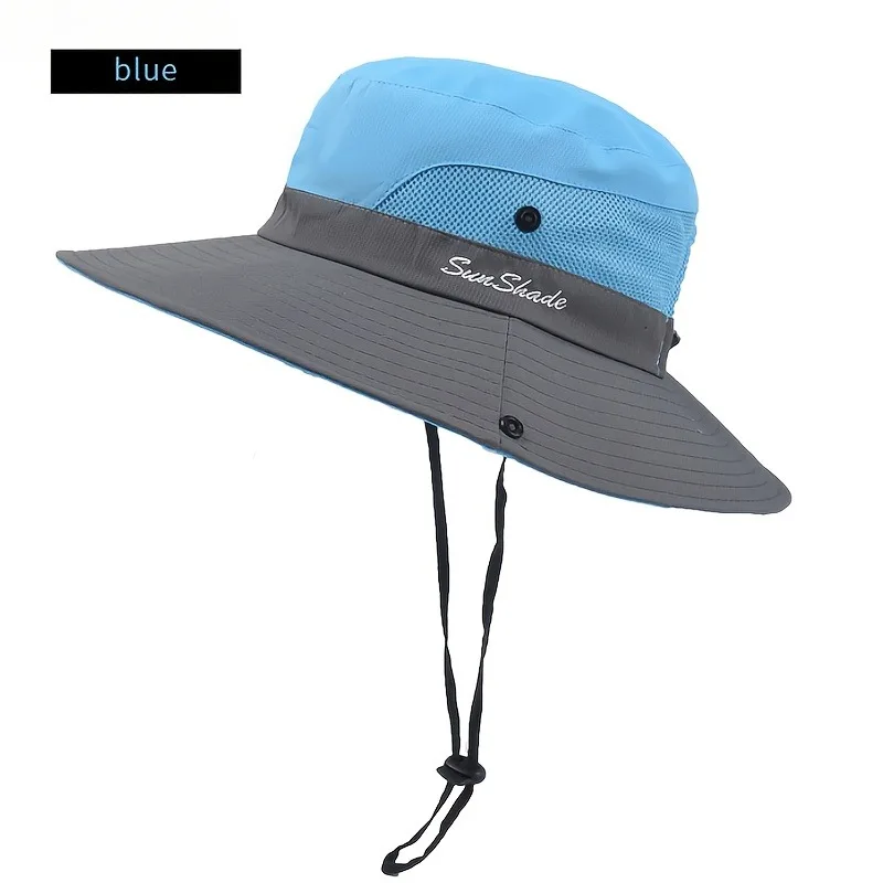 Womens Wide Brim Sun Hat with Ponytail Hole Breathable Waterproof Summer Beach Hat