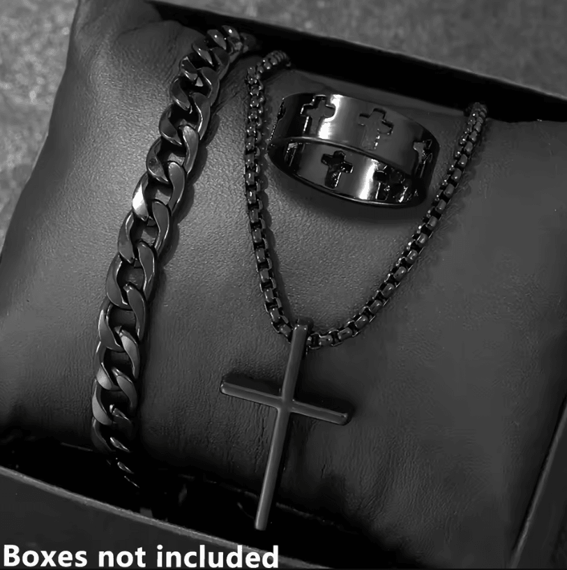 Mens 3-Piece mens jewelry set Alloy Cross Pendant Necklace, Bracelet and Ring Combo