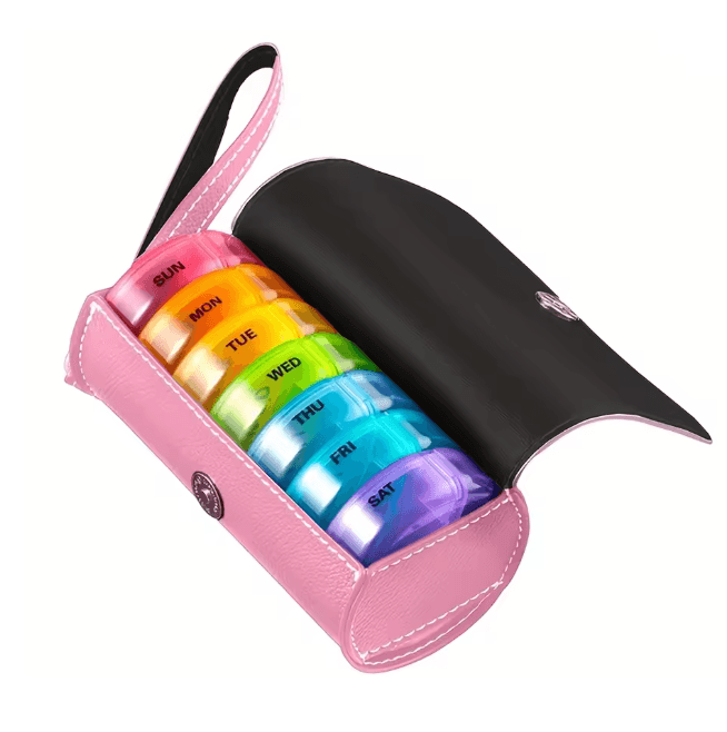 Weekly AM PM Pill Organizer with Leather Travel Case