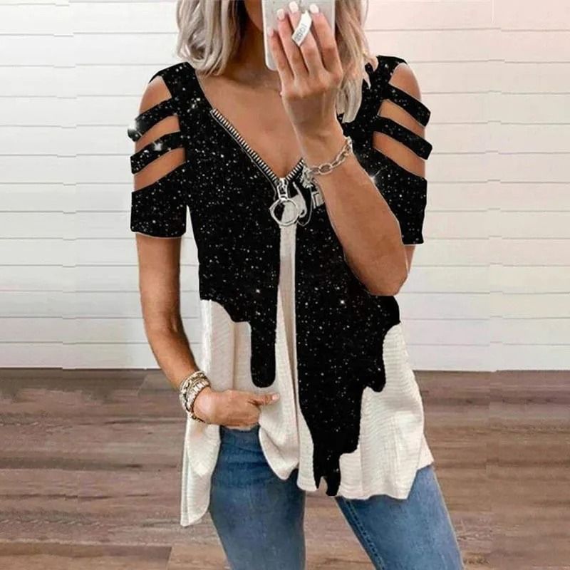 Summer Cold Shoulder Leopard Print Zipper V Neck Loose Casual Blouse