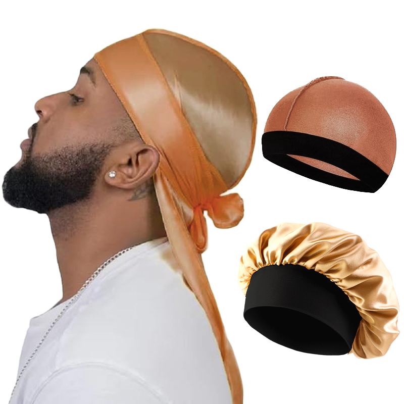 Premium Satin Durag Wave Cap with Long Tail Silky Hair Protection Headwrap
