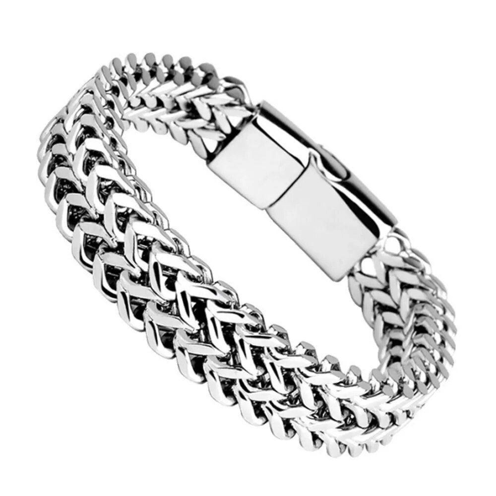 Magnetic Buckle Bracelet, Double Row Braided Stainless Steel, Fish Scale Alloy, Stylish Keel Jewelry for Men