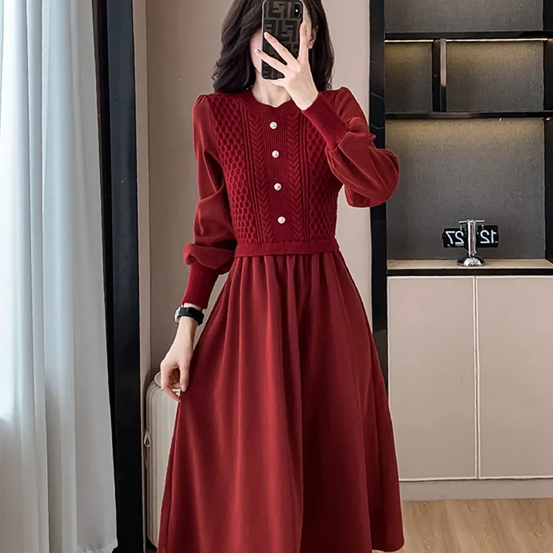 Autumn Ladies Long Styles Sweater Dress, Women NewCasual O Neck Long Dresses, Lantern Sleeve Knitted Two Piece Dress