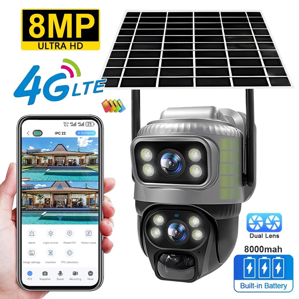 V380 8MP Dual-Lens Solar 4G WiFi Outdoor Security Camera With PIR Human Detection