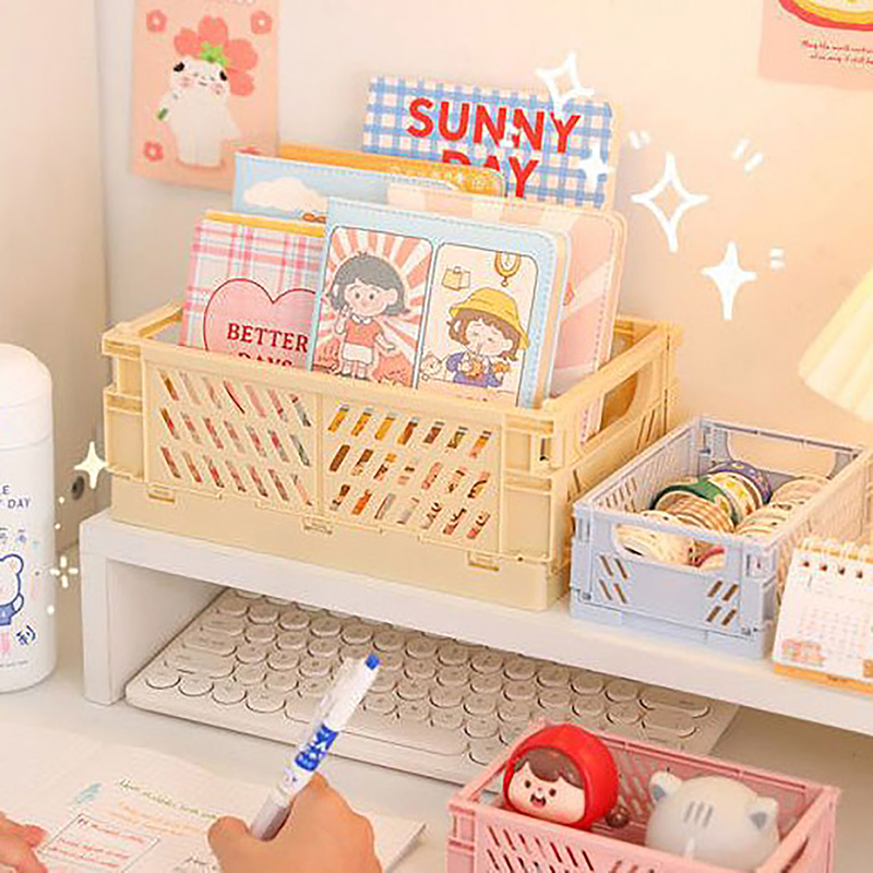 Plastic Folding Storage Box, Collapsible Crate, Home Use Basket, Desktop Holder, School Desk Storage Box