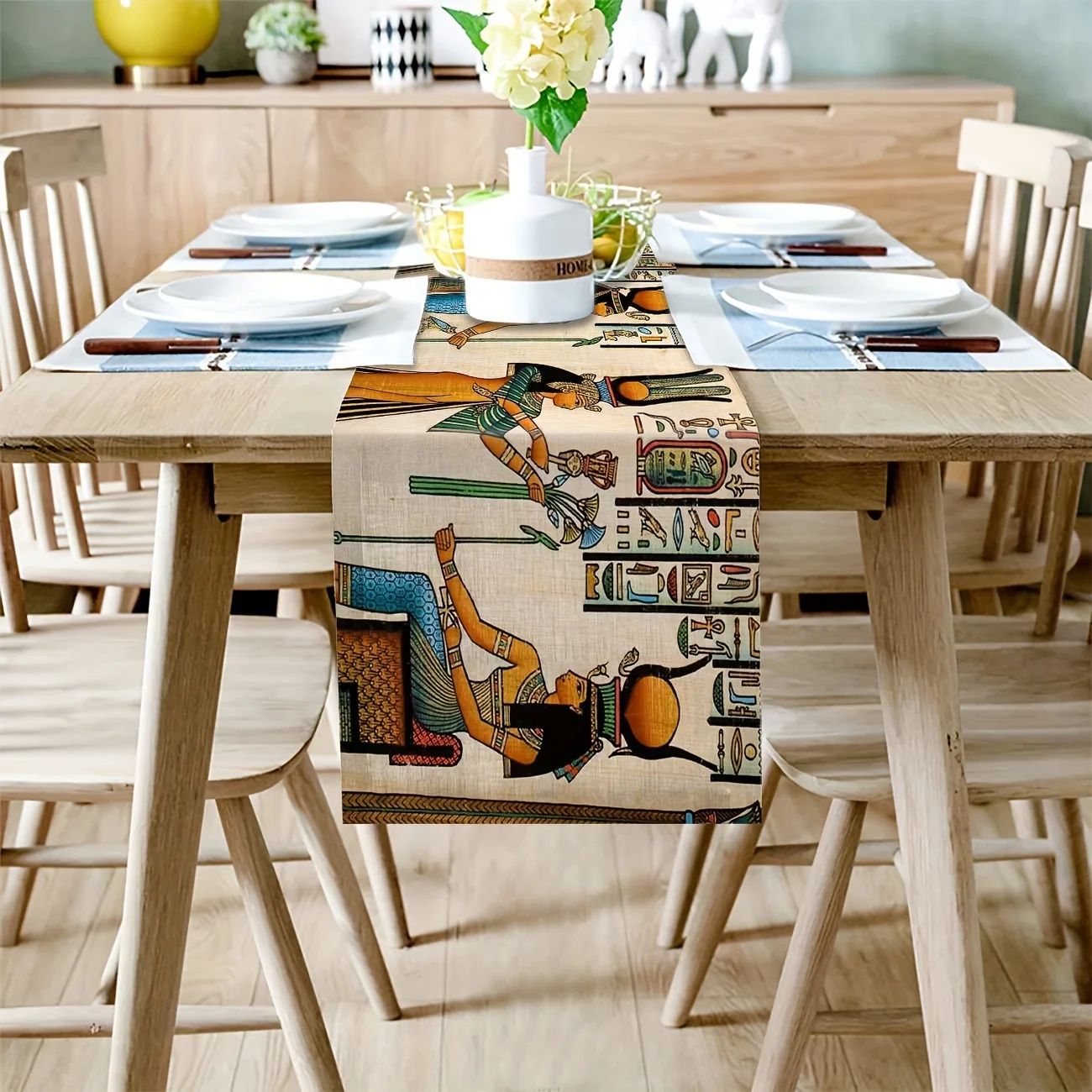 Ancient Egyptian Linen Table Runner for Dining Table – Ethnic Pharaoh Mural Farmhouse Decor