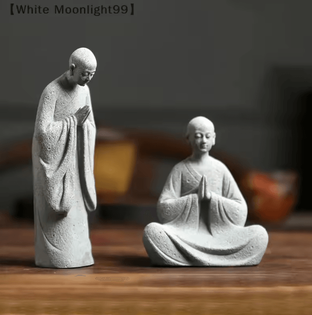 White Zen Monk Figurine Tranquil Feng Shui Mini Statue for Garden & Desktop Decor