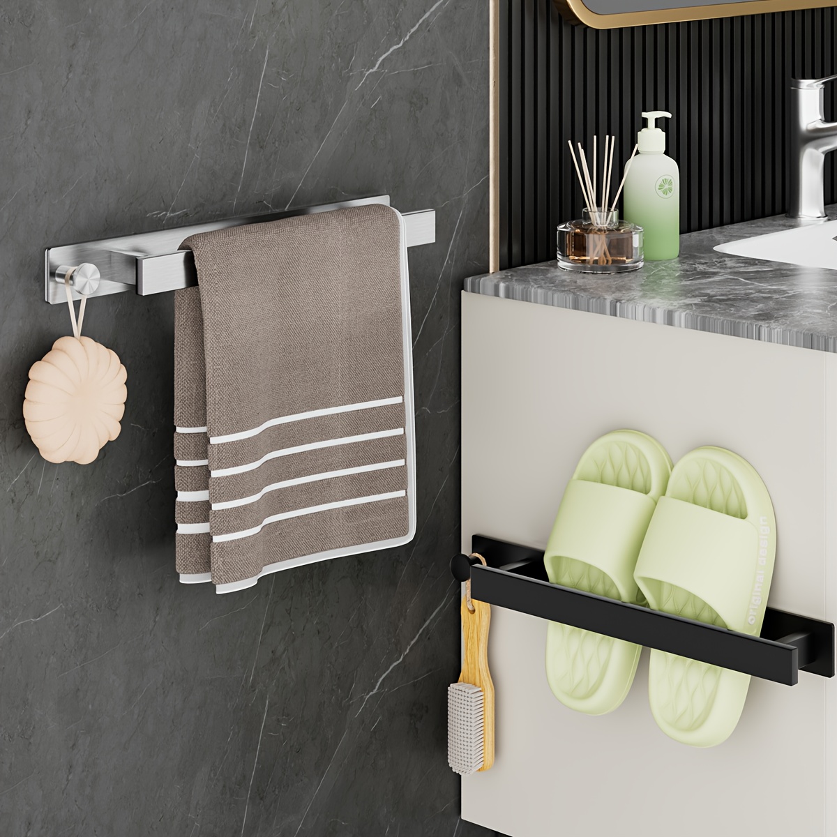 Stainless Steel Bathroom Towel Racks with Hooks, No Drill Wall Storage Organizer, Towel Holder for Bathroom Accessories
