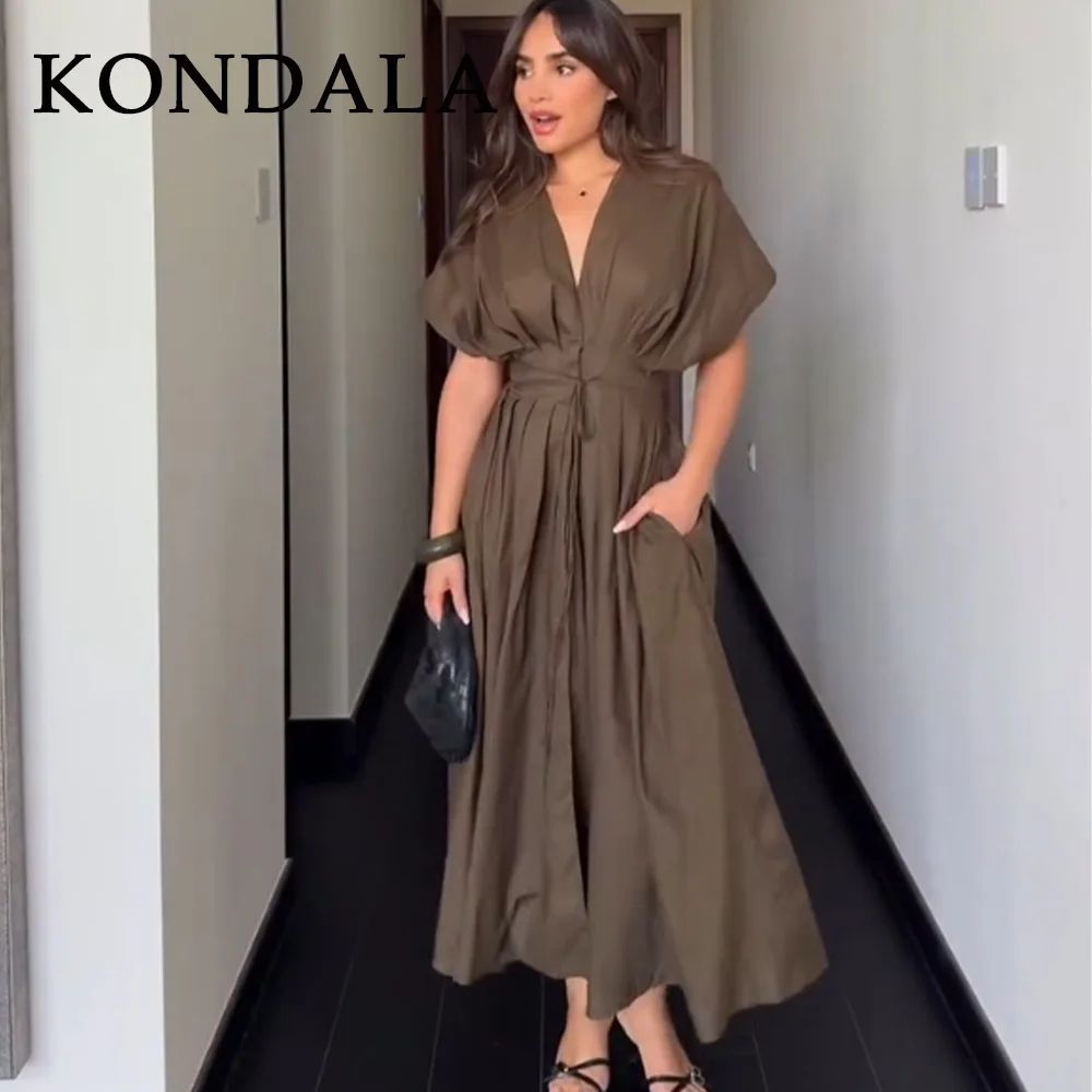 KONDALA Vintage V Neck Dress Sleeveless Single Breasted Women Dress Chic Brown Summer Dress