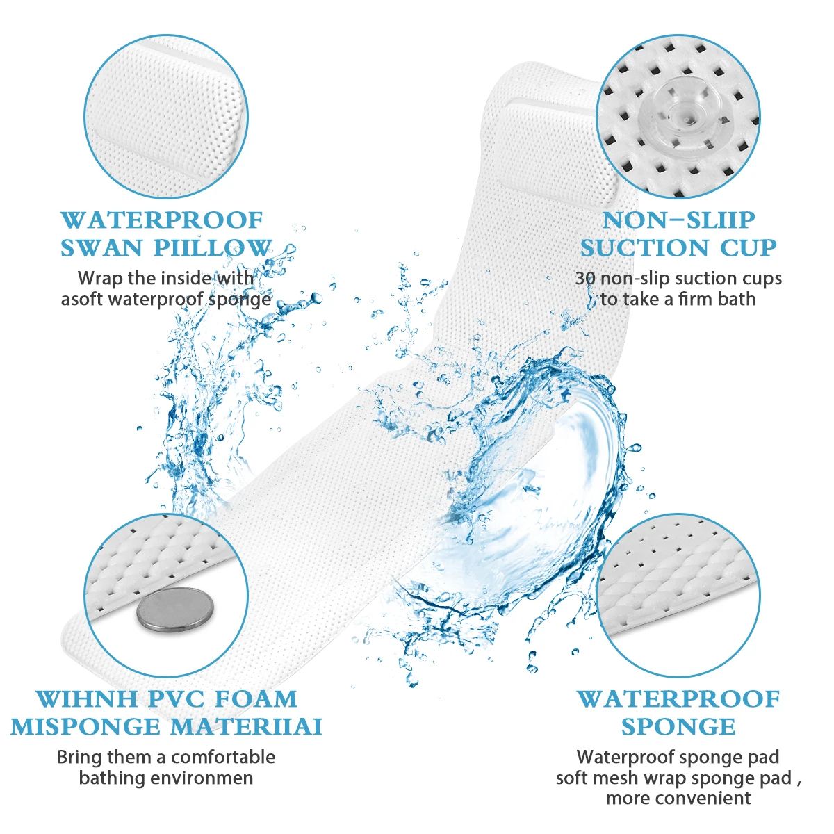 Non Slip Bathtub Cushion Mat Full Body Bath Pillow with Neck Support