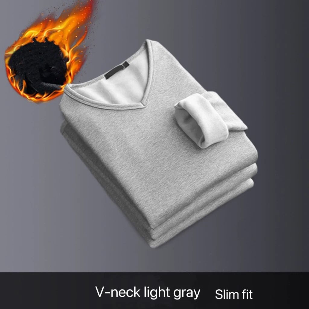 Mens V Neck Thermal Shirt Fleece Lined Winter Base Layer Top