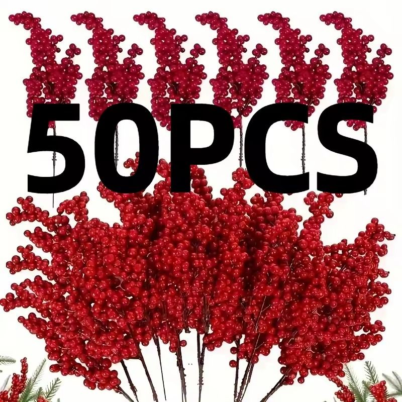 50pcs Artificial Red Berry Branches for DIY Crafts and Holiday Decor