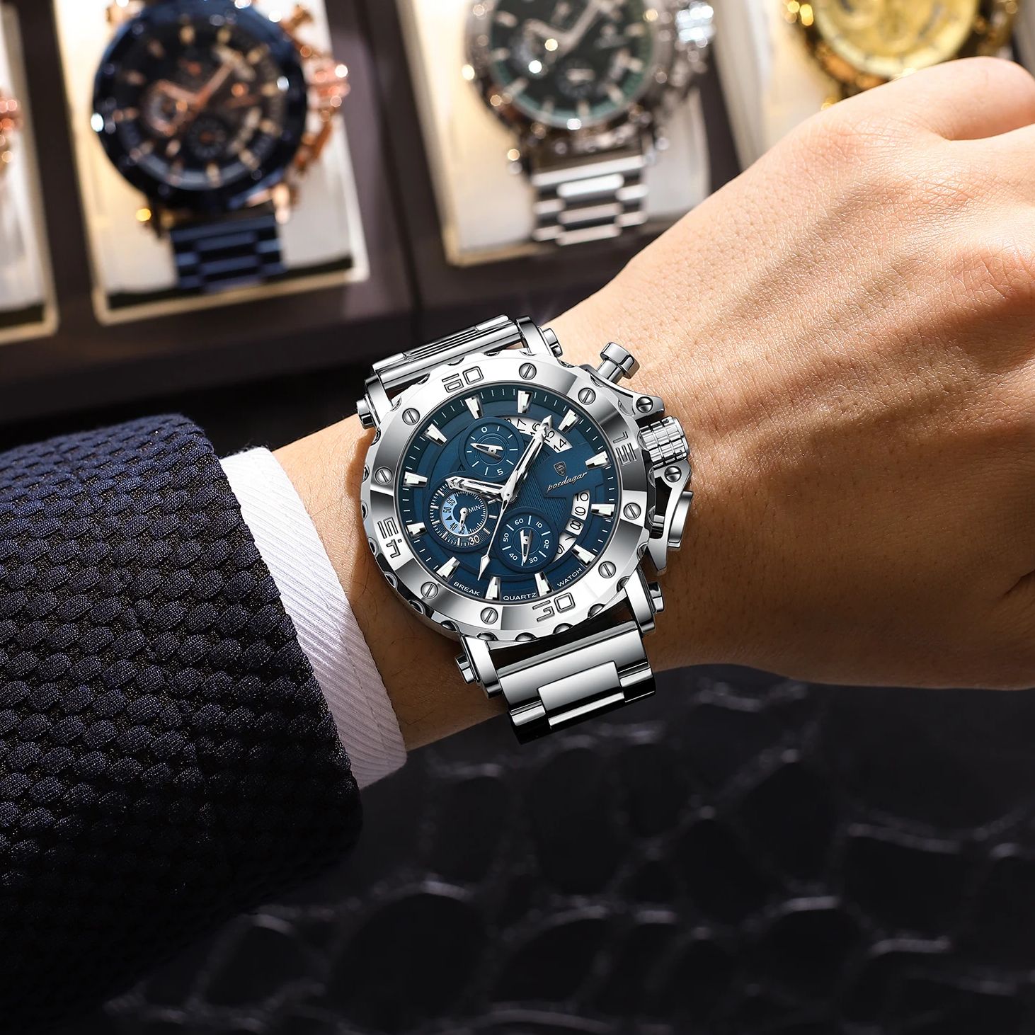 Luxury Men Chronograph Watch Waterproof Stainless Steel Luminous Calendar Timepiece
