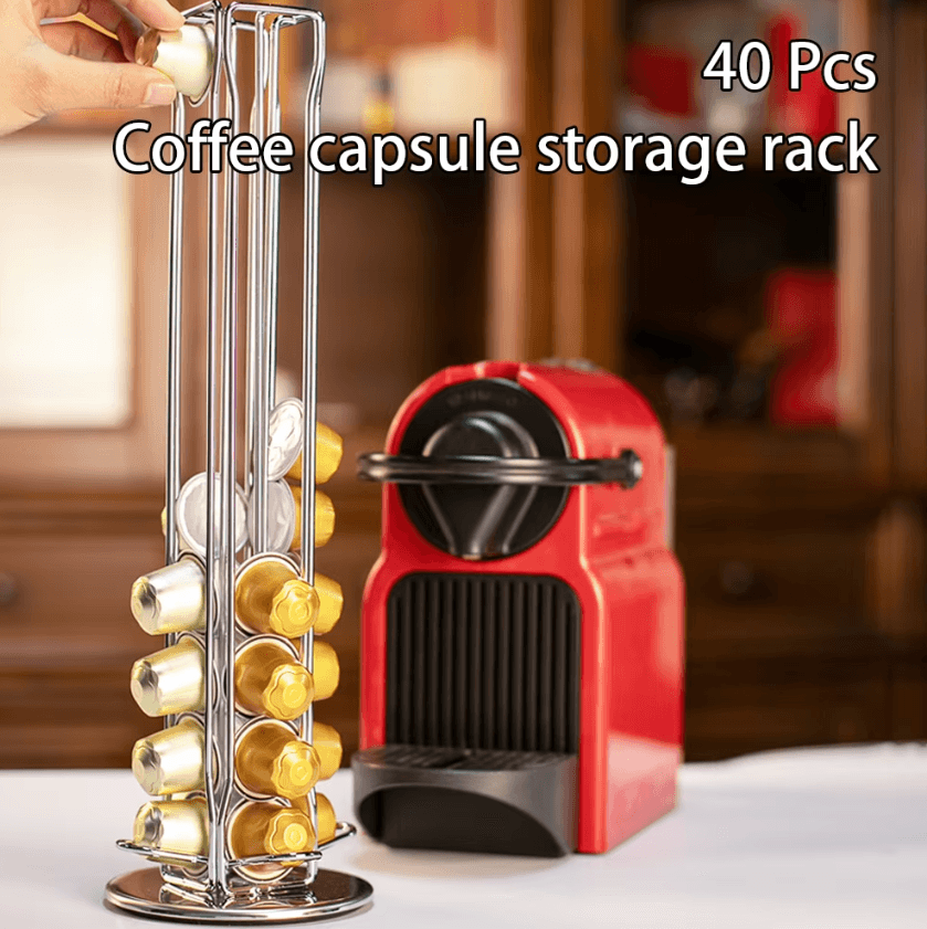 360 Rotating Coffee Capsule Holder – 40 Pod Silver Storage Rack for Coffee Stations