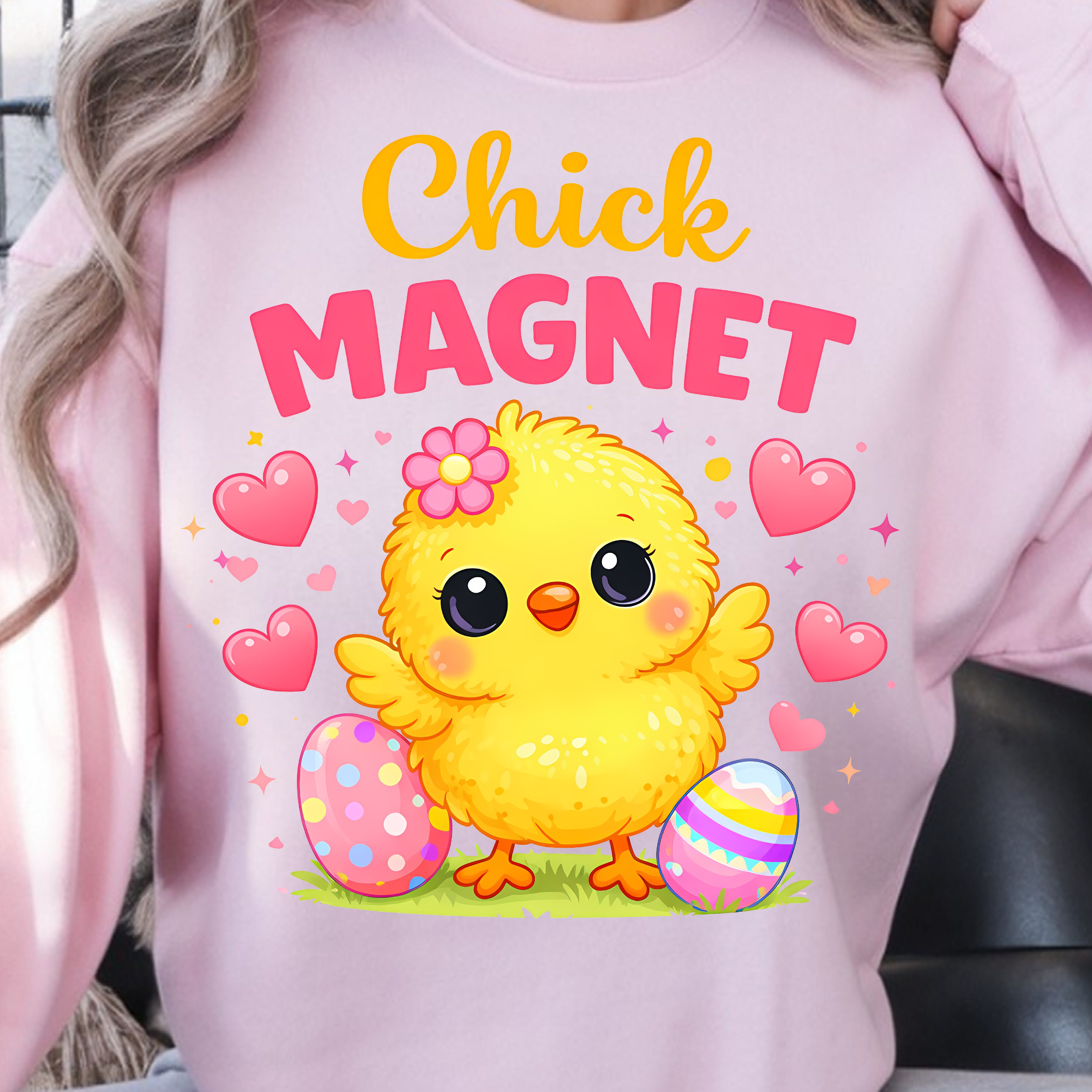 Chick Magnet Easter Shirt – Cute Chick with Easter Eggs and Hearts Spring Tee