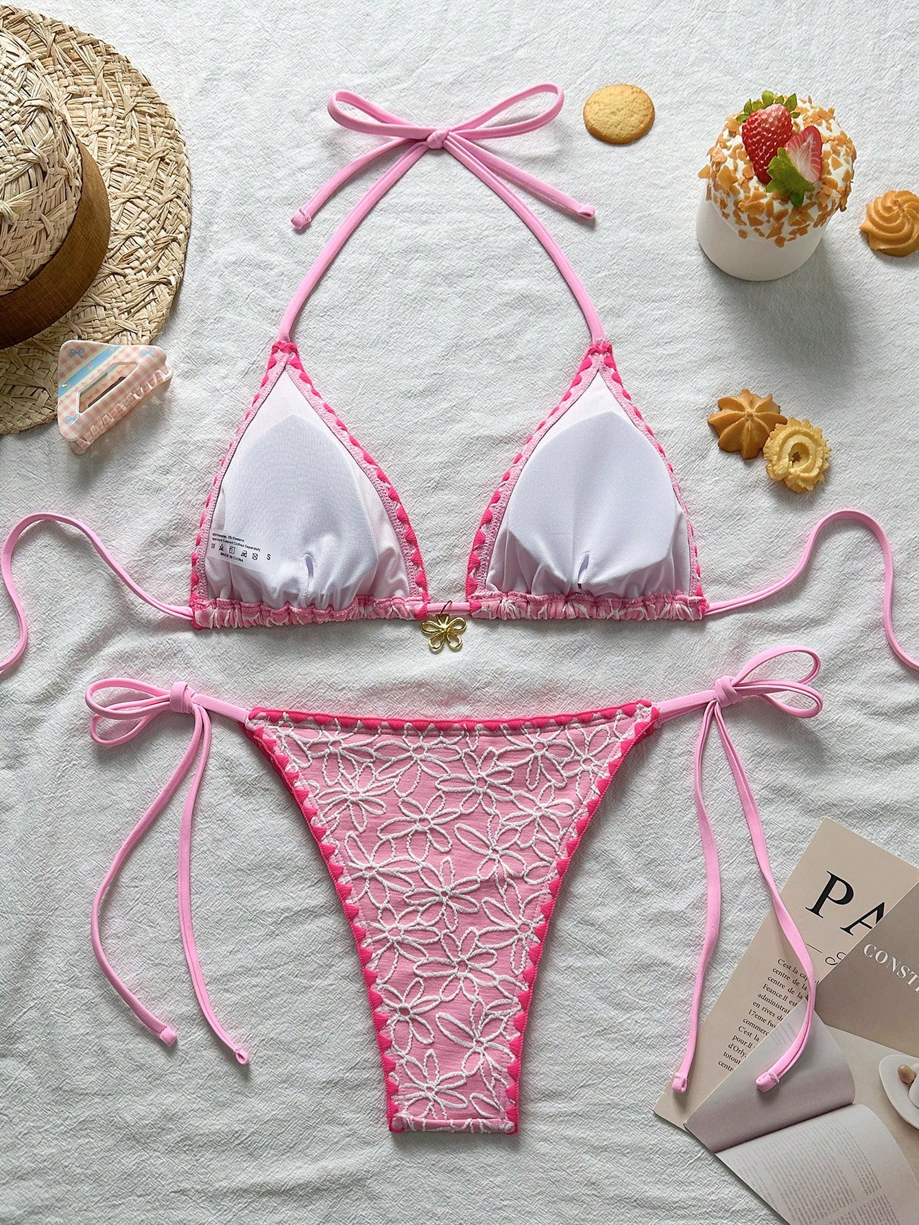 Floral Print Bikini Set, Trendy Textured Fabric, Halter Tie-Neck, Contrast-Trimmed Edges & Side-Tie Thong