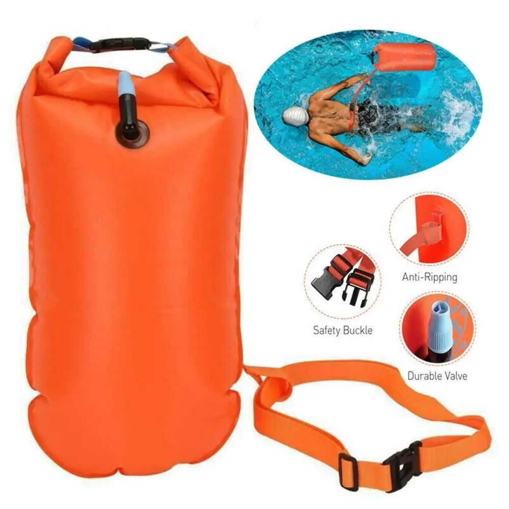 Inflatable Open Water Swimming Buoy Tow Float and Dry Bag with Double Air Bag System