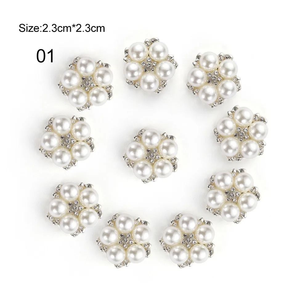 10PCS Flower Rhinestone Pearl Buttons Alloy Crystal DIY Wedding & Craft Embellishments