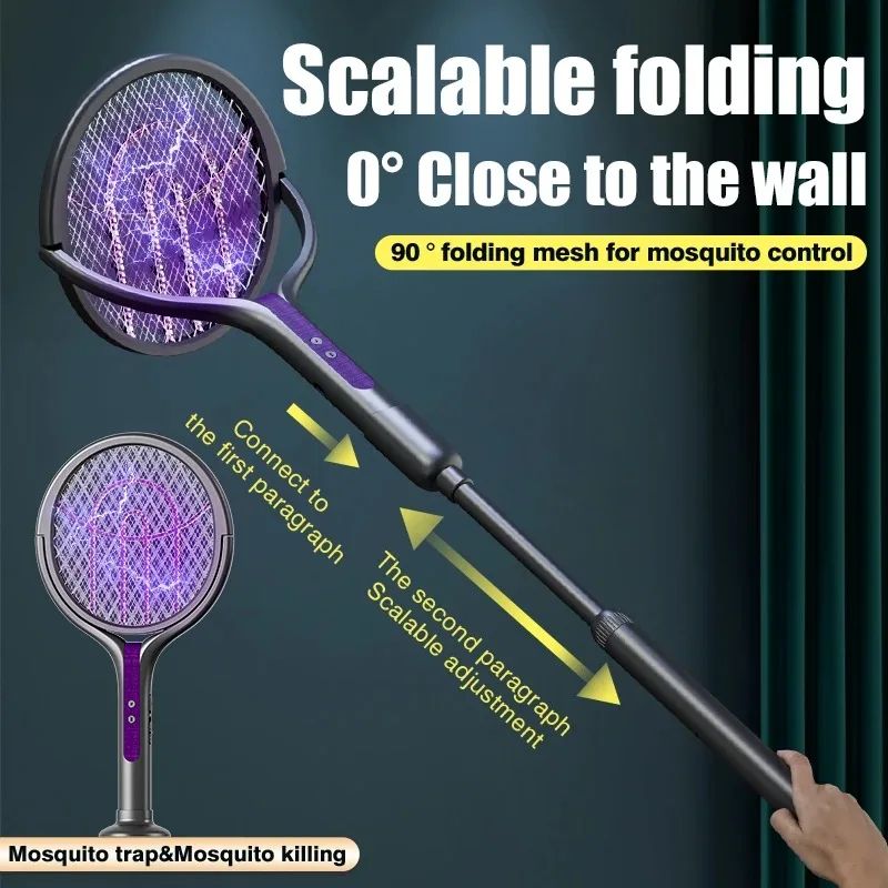 2800V Electric Mosquito Swatter Rechargeable Mosquito Racket with Extension Handle 5-Layer Safety Protection