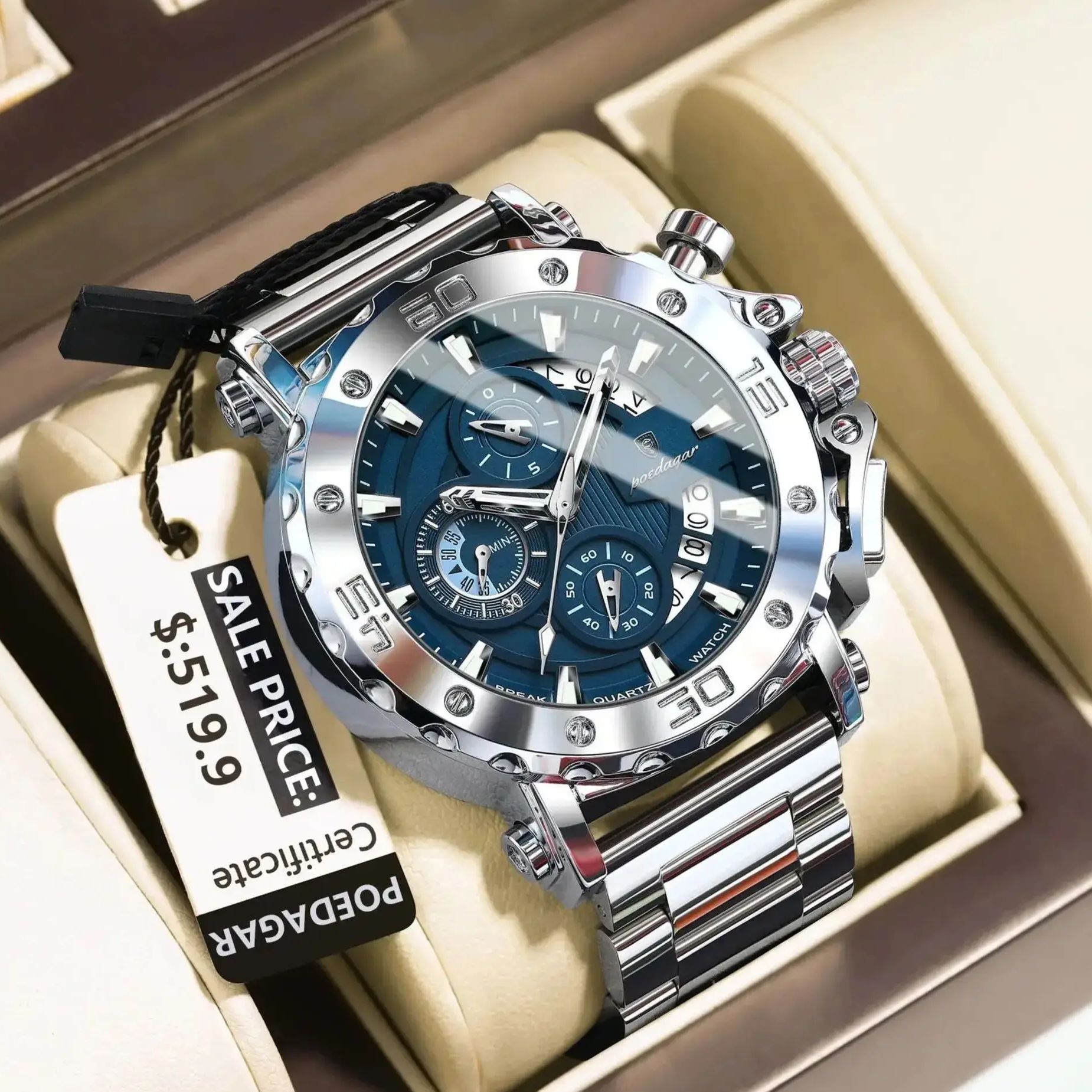 Luxury Men Chronograph Watch Waterproof Stainless Steel Luminous Calendar Timepiece