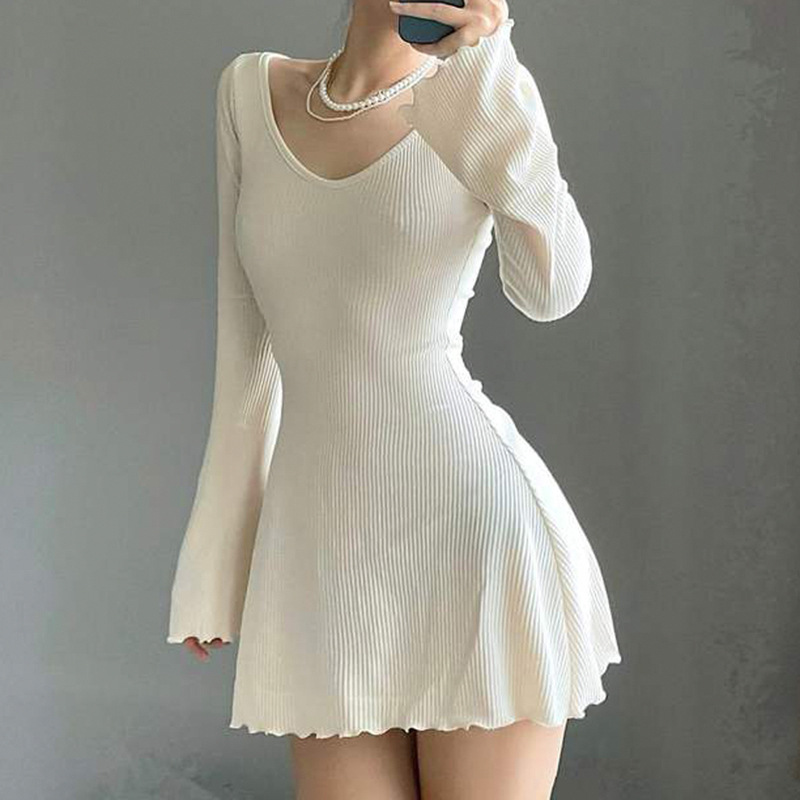 Knit Long Sweater Long Sleeve Ruched Short Dress for Casual Fairy Grunge Streetwear