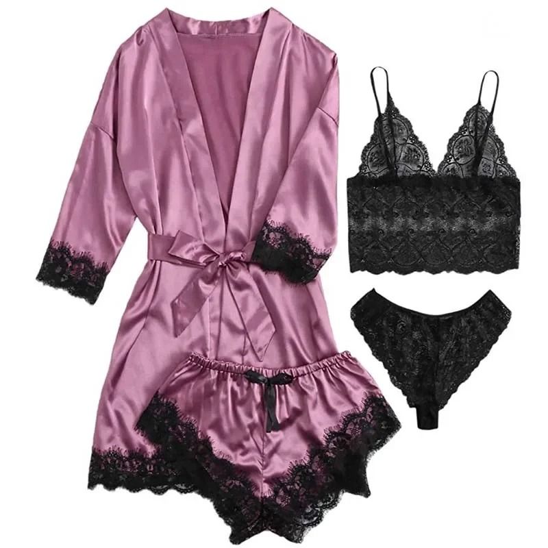 Womens Satin Sleepwear Four Piece Pajama Set with Robe Lace Nightwear