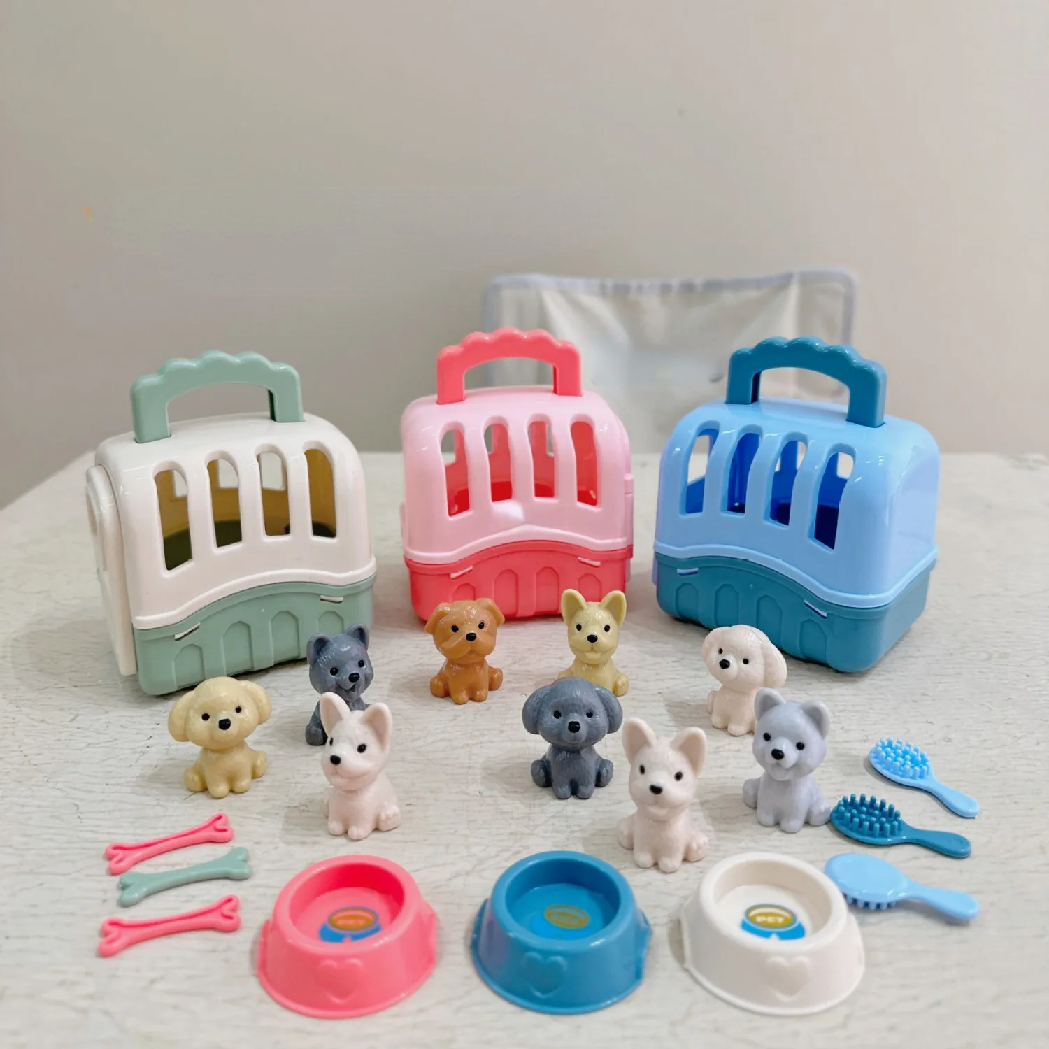 Dog Puppy Toy Set for Kids, Mini Pet Care Play Kit with Cage, Grooming & Feeding Toys for Toddlers
