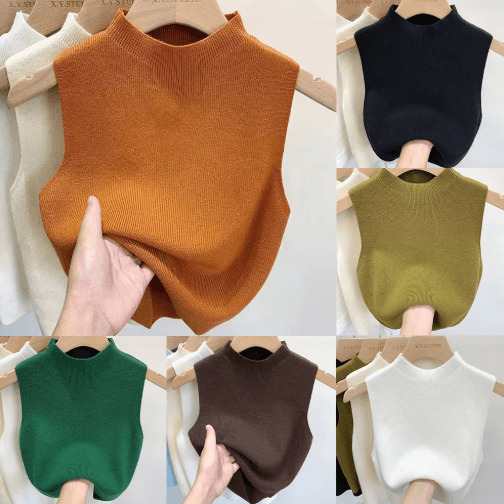 Knitted Cropped Half Turtleneck Tank – Solid Color Sleeveless Sweater Cami for Women