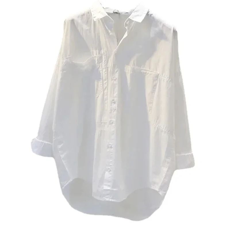 Long Sleeve White Women Shirt Casual Loose Office Button Blouse