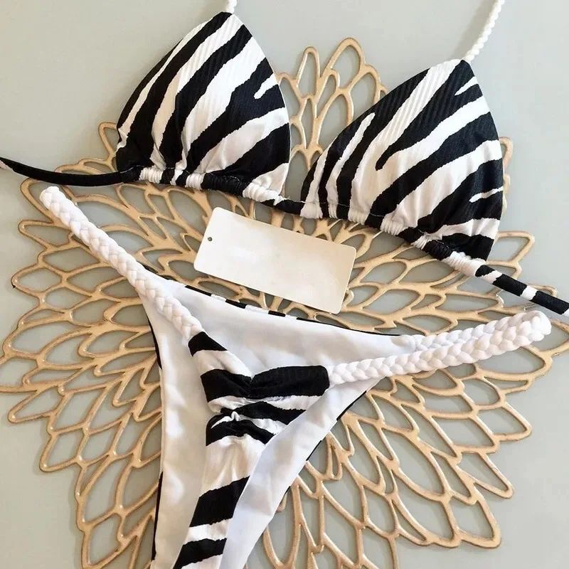 Womens Split Print G-String Bikini Set Sexy Beach Swimwear