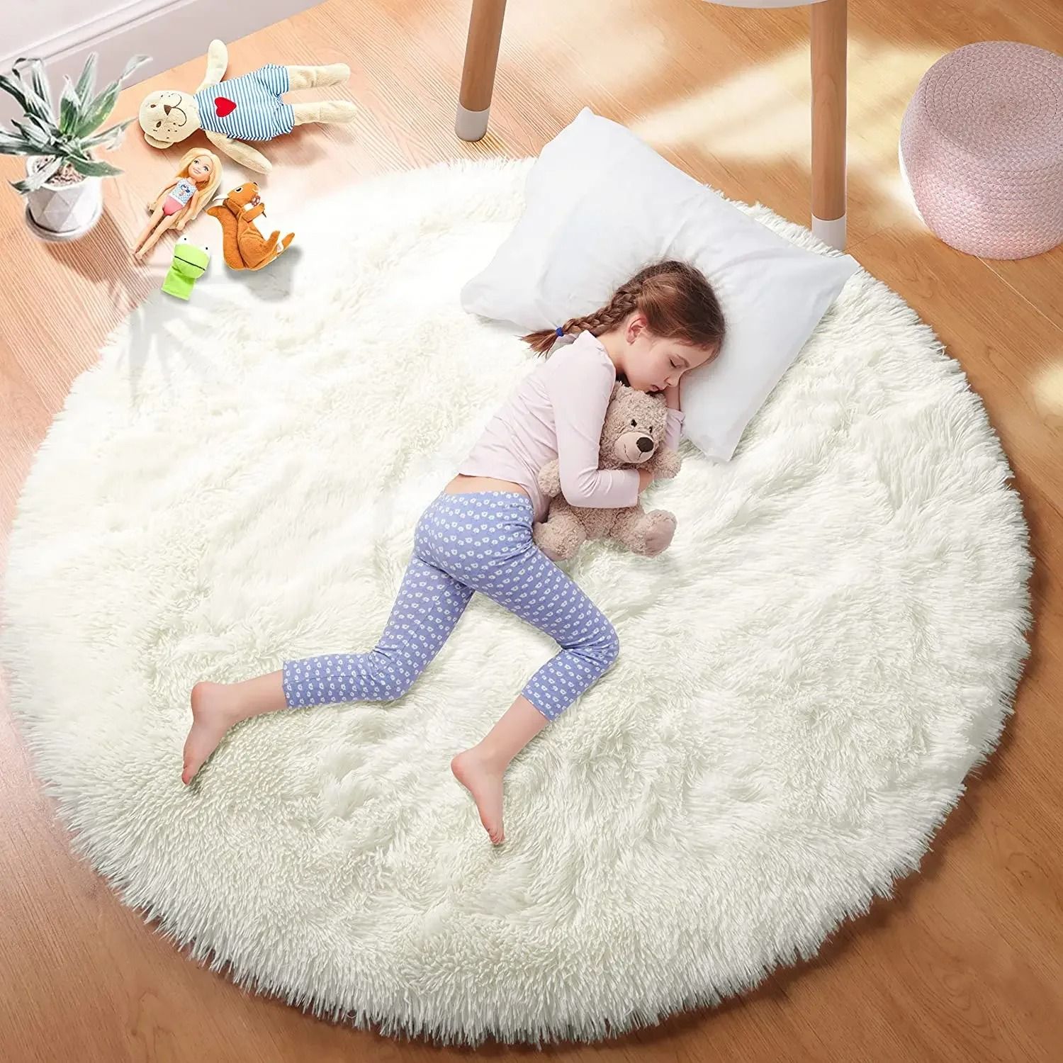 Ultra Soft Fluffy Round Rug Plush White Shag Carpet for Bedroom and Living Room