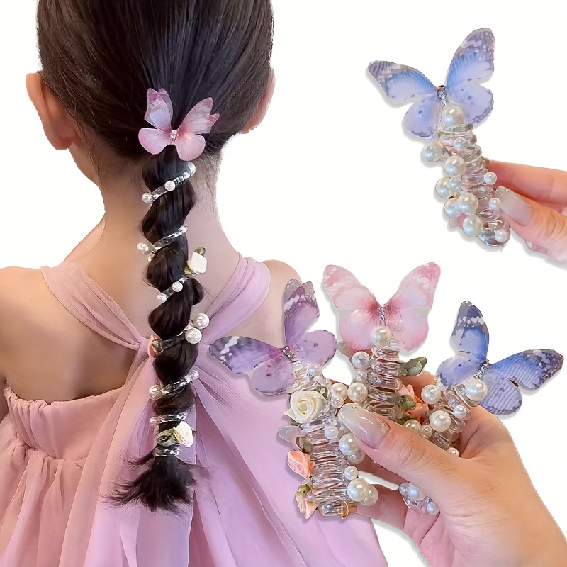 Girls Braided Hair Tie with Butterfly Rose Accent Soft Childrens Hair Accessory