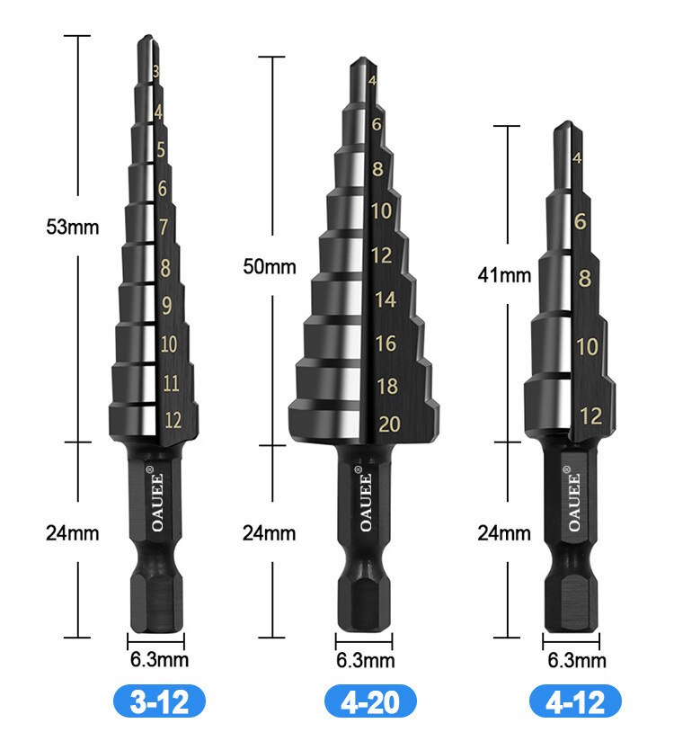 3Pcs HSS Straight Groove Step Drill Bit Set Nitride Black Hex Wood & Metal Hole Cutter 3-12mm, 4-20mm