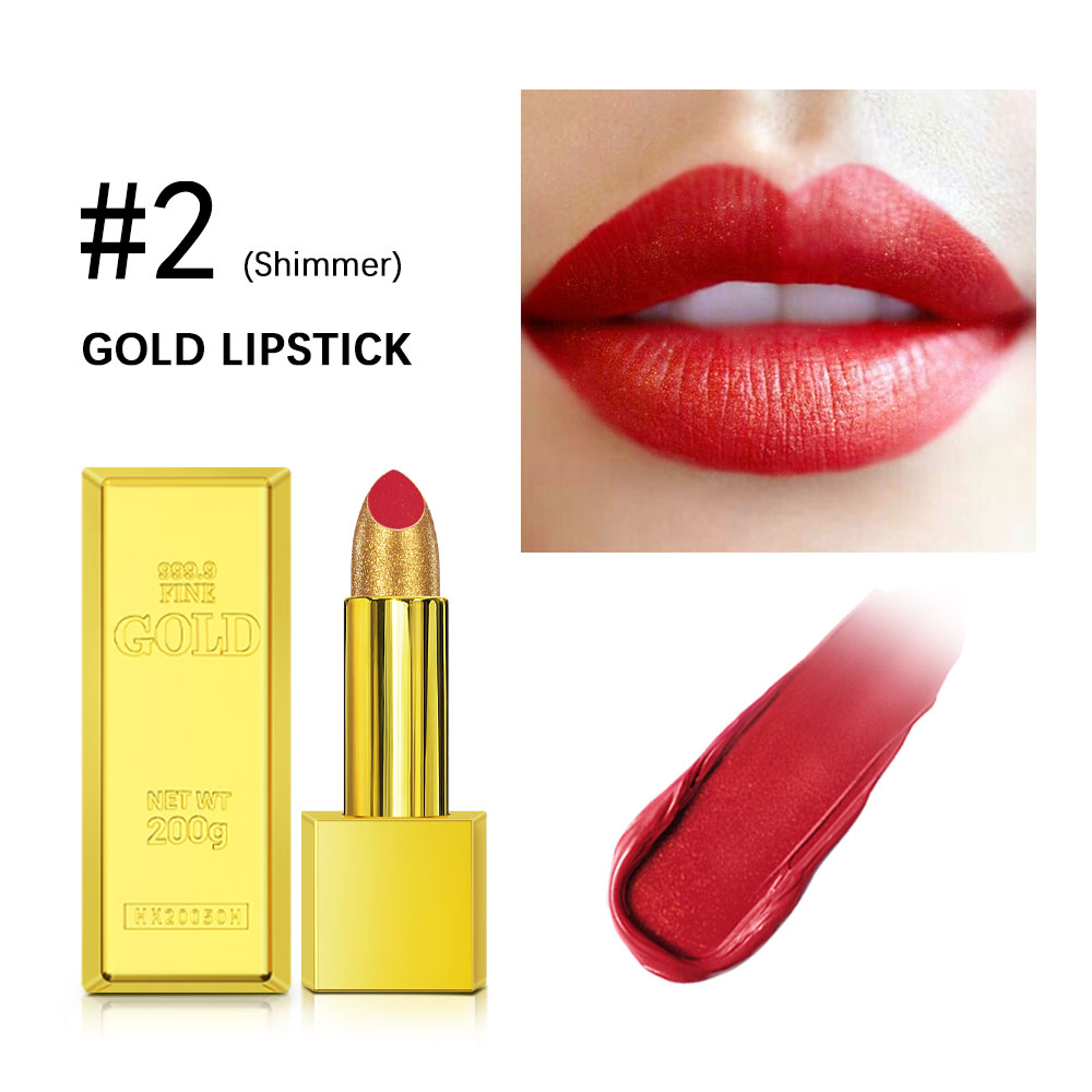 Shimmer Gold Lipstick, Metallic Glitter Sexy Lipstick, Long Lasting & Waterproof, Luxurious Gold Brick Tube Design