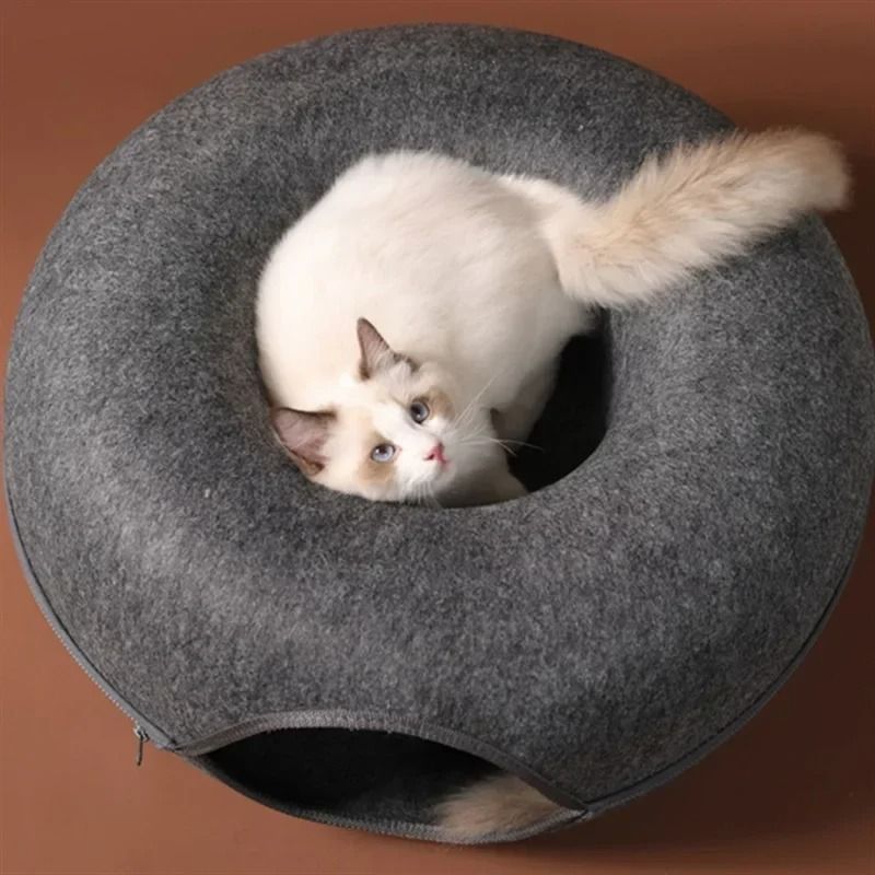 Felt Donut Cat Tunnel Bed with Breather Hole and Interactive Play Hideout