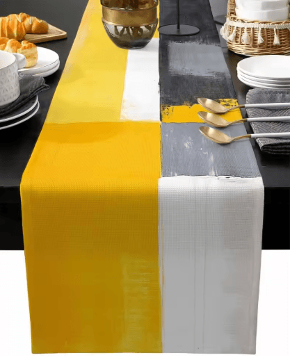 Abstract Linen Table Runner Modern Yellow Grey Geometric Dining Table Decor