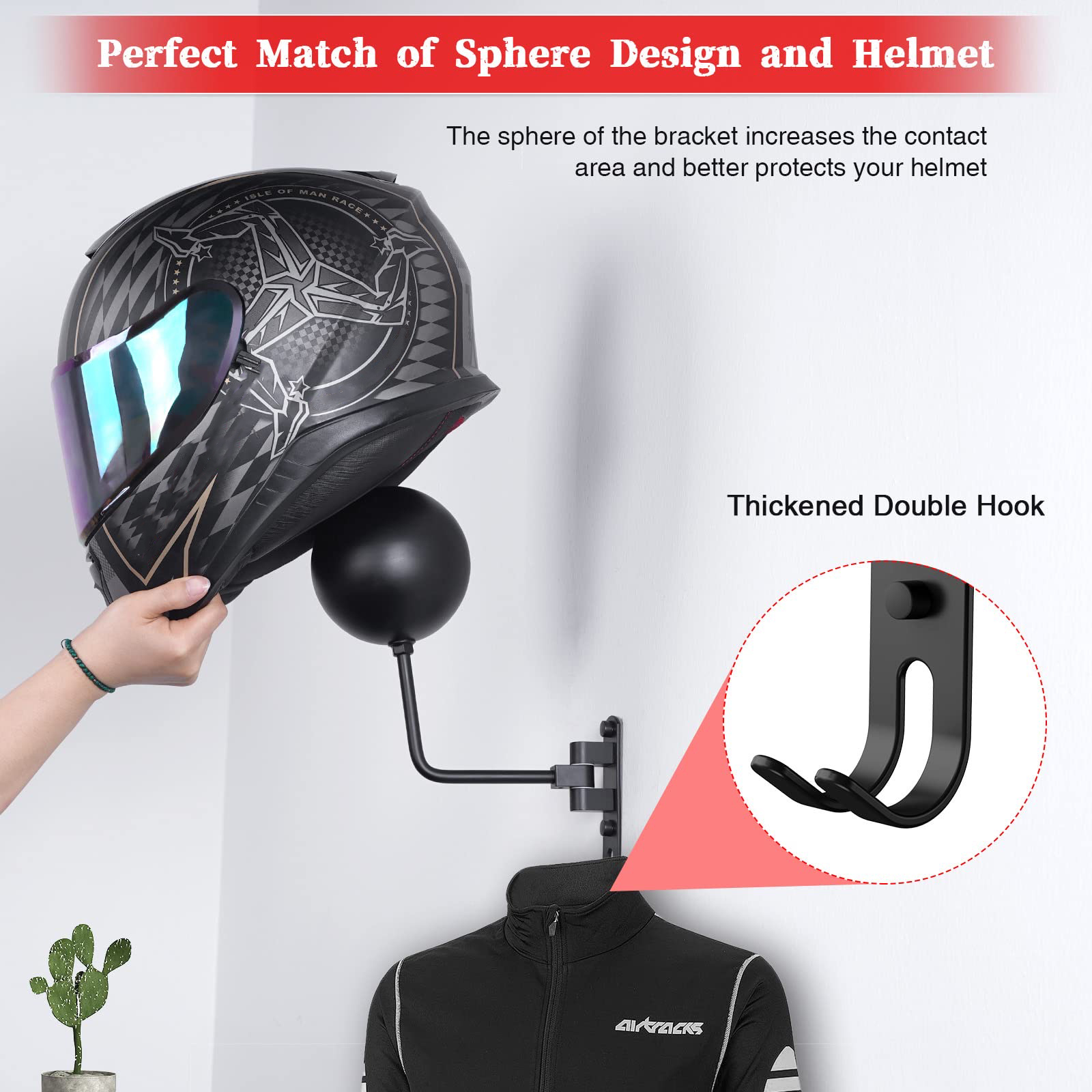 Motorcycle Helmet Rack Wall Mount, Rotation Helmet Holder with Hooks, Ideal for Coats, Caps, Bike, Rugby, Baseball