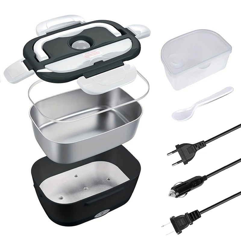 Electric Heating Lunch Box, Stainless Steel Food Warmer Container, Car Truck Office Heater, Black Set