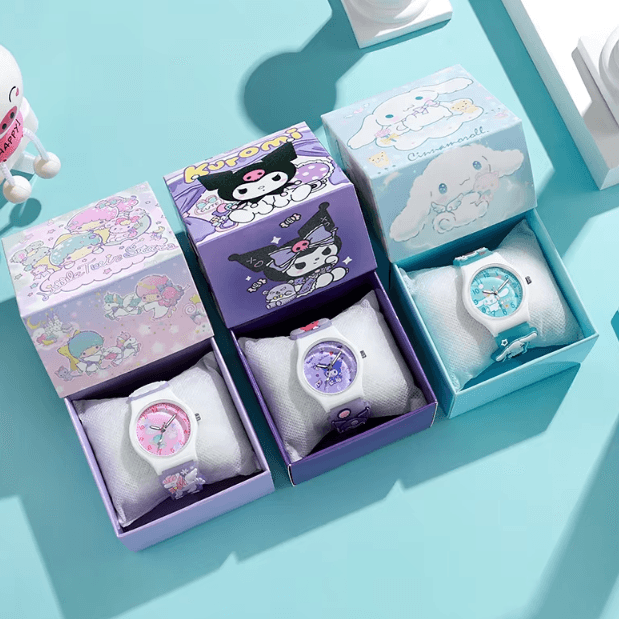 3D Hello Kitty Cartoon Kids Watch Cinnamoroll Kuromi Melody Silicone Wristwatch Gift Set