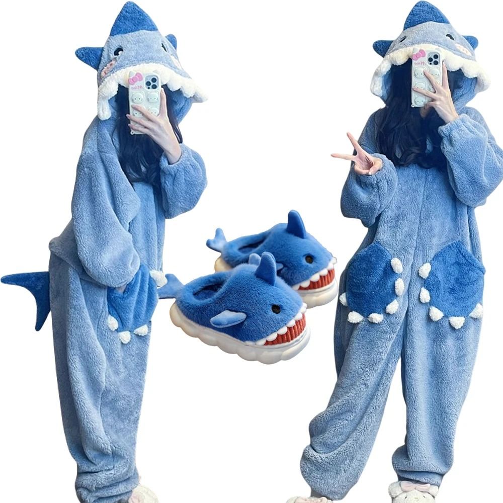 Womens Cartoon Shark Kigurumi Pajamas Hooded Animal Onesie Sleepwear Winter Cosplay Jumpsuit
