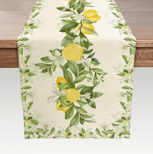 Lemon & Floral Linen Table Runner – Fresh Spring Summer Farmhouse Table Decor