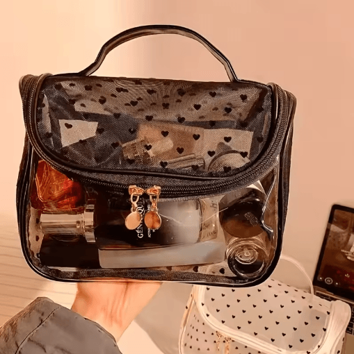 Large-Capacity Heart Mesh Makeup Bag – Frosted Transparent Cosmetic Travel Pouch