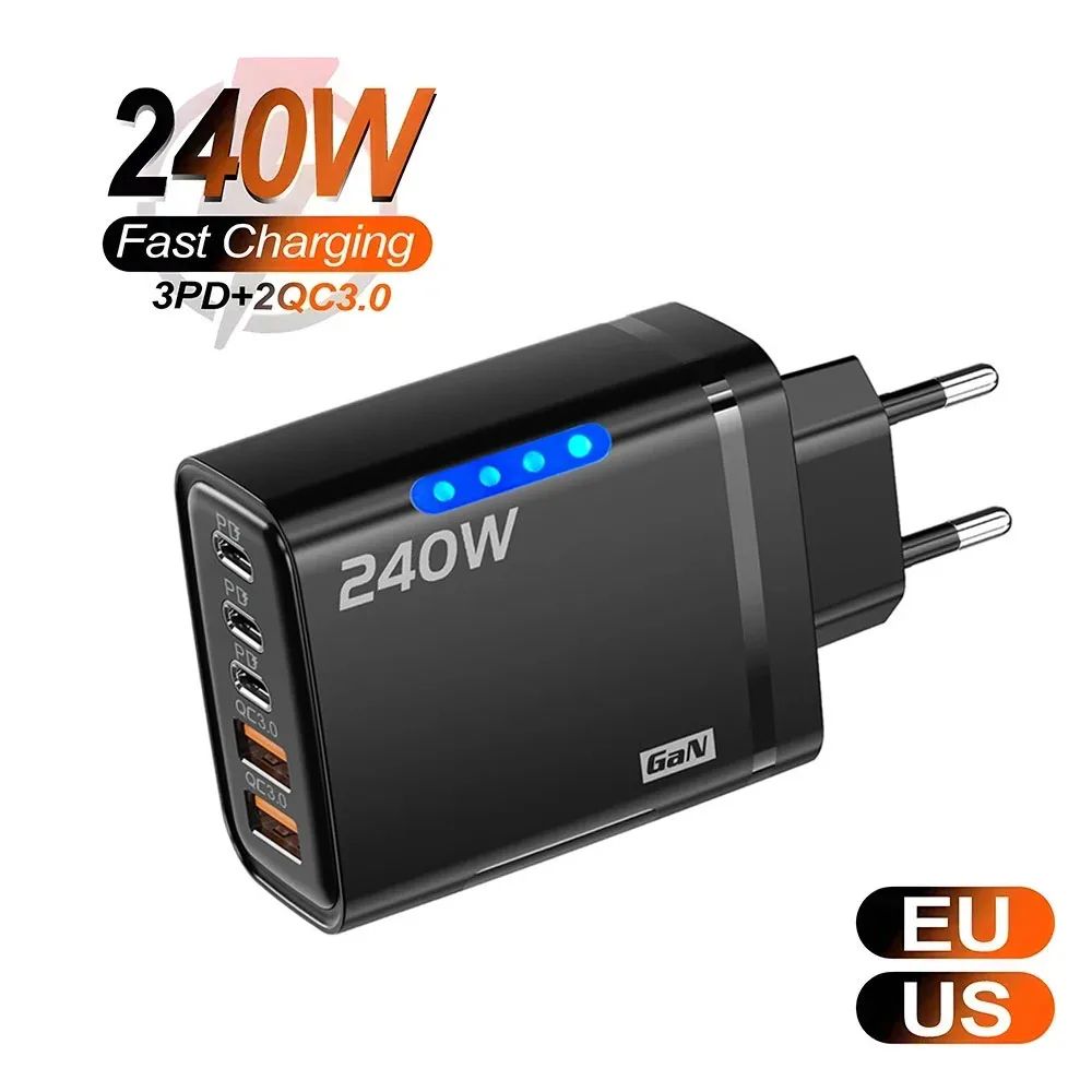240W GaN USB-C Fast Charger – 5-Port Multi Device Power Hub