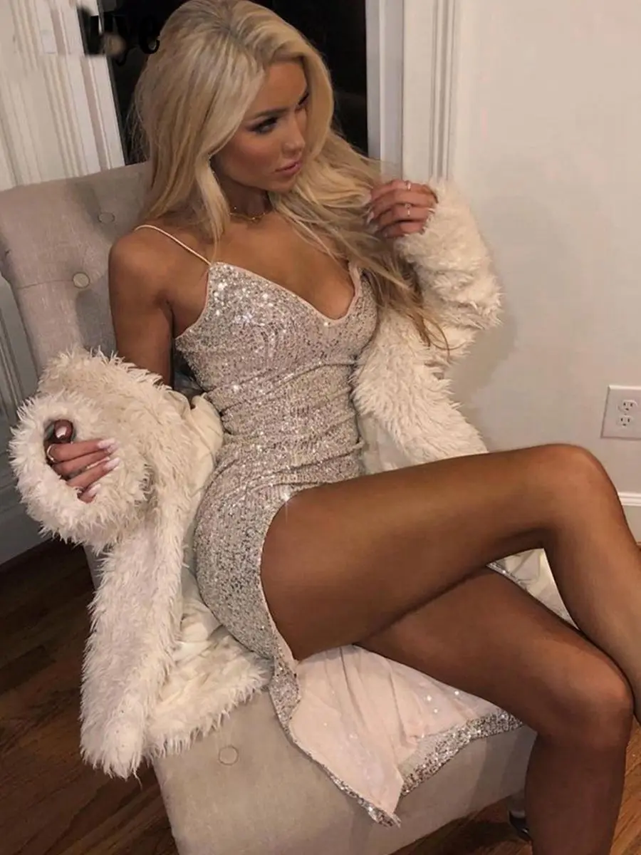 Silver Sequined Glitter Deep V-neck Bodycon Long Dress, High Split, Thin Spaghetti Straps