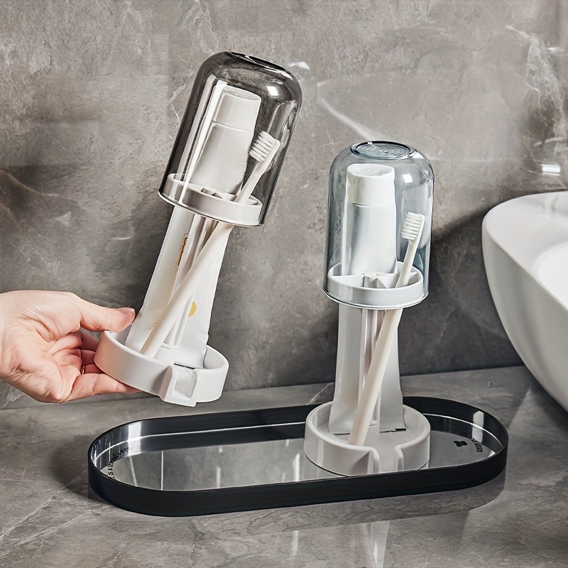 Multifunctional Plastic Toothbrush and Toothpaste Holder Set with Dustproof Cover and Water Drainage for Home Use