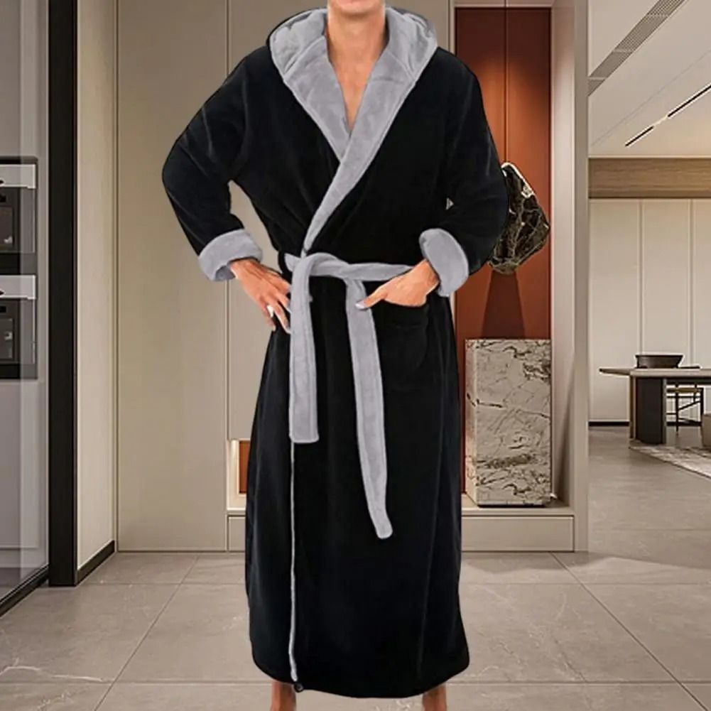 Mens Hooded Flannel Long Bathrobe Soft Fluffy Home Gown